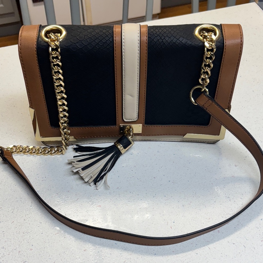 Aldo Elegant Black and Tan Crossbody Bag with Gold Accents